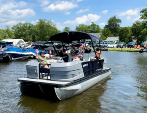 Bridge Marina boat club triple pontoon, just one of the fleet boats ready for members on Lake Hopatcong.