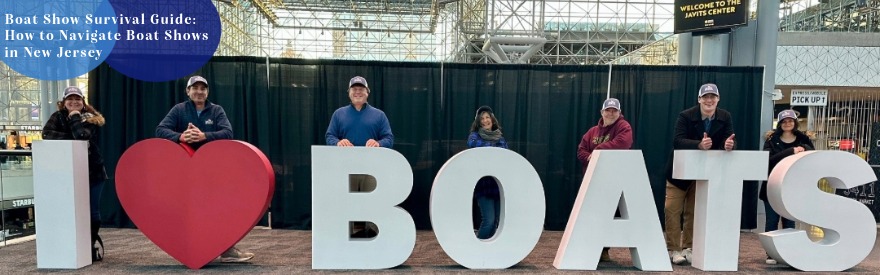 Smiling Bridge Marina team members at the New York Boat Show holding an ‘I heart Boats’ display at the Javits Center in New York City