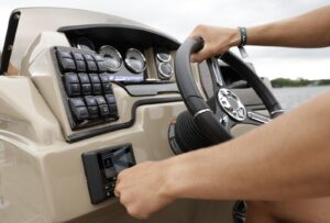 Helm set up of a Starcraft Marine pontoon boat on Lake Hopatcong, NJ.