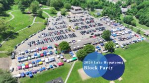 Drone shot of Hopatcong State Park promoting the 2026 Lake Hopatcong Block Party