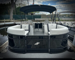 Spacious pontoon boat rental on Lake Hopatcong showing comfortable seating and layout