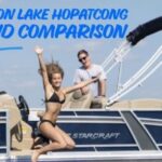 Happy guests jumping off a pontoon boat during a Lake Hopatcong boat rental.