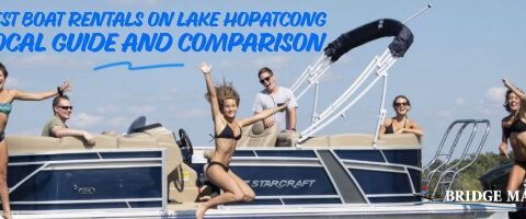 Happy guests jumping off a pontoon boat during a Lake Hopatcong boat rental.