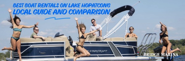 Happy guests jumping off a pontoon boat during a Lake Hopatcong boat rental.