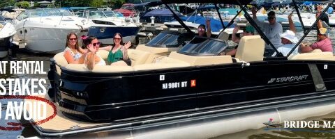 Pontoon boat rental on Lake Hopatcong with group enjoying a summer day