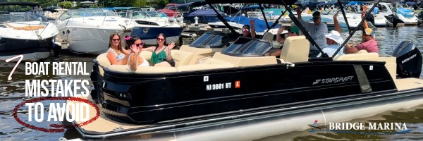 Pontoon boat rental on Lake Hopatcong with group enjoying a summer day