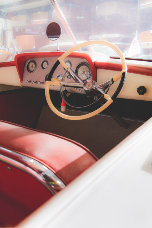 Steering wheel of an antique boat at Bridge Marina Henderson on Lake Hopatcong.