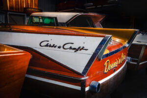 Close up of a Chris Craft Antique Boat at Bridge Marina on Lake Hopatcong