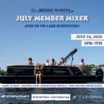 On water scene of people enjoying a summer day on the water on a boat showcasing Bridge Marina's July Member Mixer on Lake Hopatcong NJ