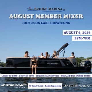 On water scene of people enjoying a summer day on the water on a boat showcasing Bridge Marina's August Member Mixer on Lake Hopatcong NJ