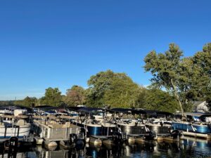 Bridge Marina boat club fleet lined up at the docks on Lake Hopatcong.